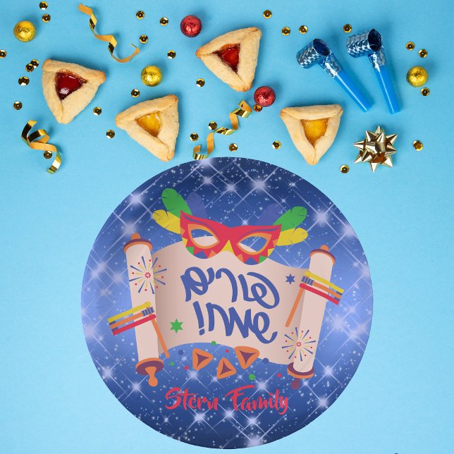 Plato De Papel Happy Purim Blue Megillah Grogger Hamantaschen (Subido por el creador)