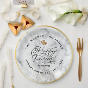 Plato De Papel Happy Purim Marble & Gold Script Classic Round Sti