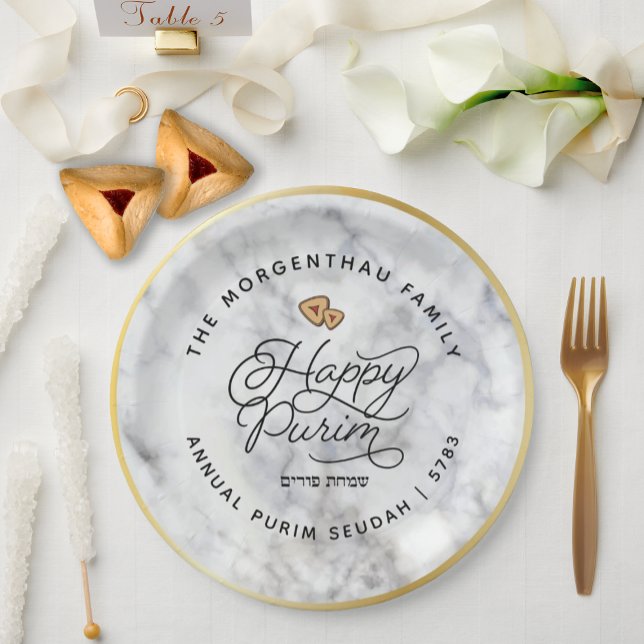 Plato De Papel Happy Purim Marble & Gold Script Classic Round Sti (Subido por el creador)