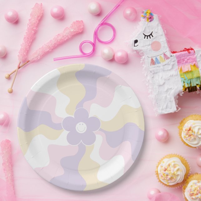 Plato De Papel Happy Retro Daisy - Pastel rosa, amarillo y púrpur (Fiesta)