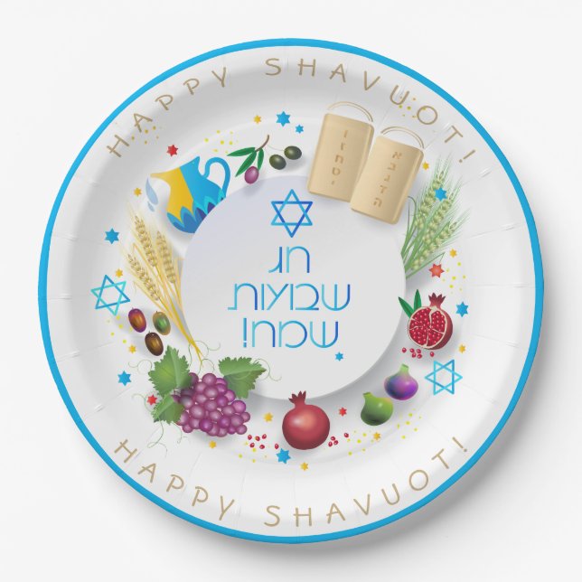 Plato De Papel Happy SHAVUOT adorno siete especies (Anverso)