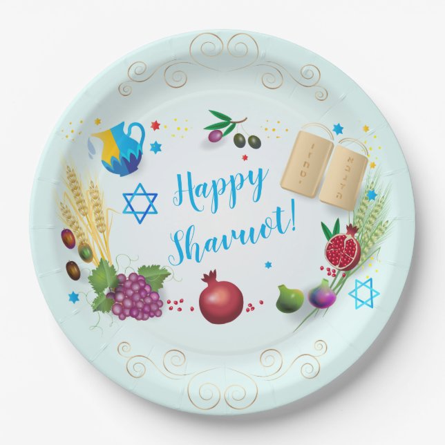 Plato De Papel Happy SHAVUOT adorno siete especies (Anverso)