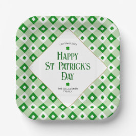 Plato De Papel Happy St Patrick's Green Clover Plaid Name