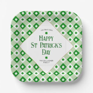 Plato De Papel Happy St Patrick's Green Clover Plaid Name