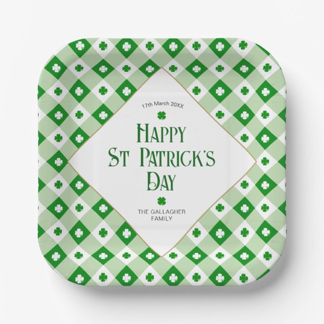 Plato De Papel Happy St Patrick's Green Clover Plaid Name (Anverso)