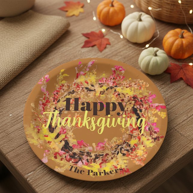 Plato De Papel Happy Thanksgiving Watercolor Fall Leaves Wreath  (Subido por el creador)