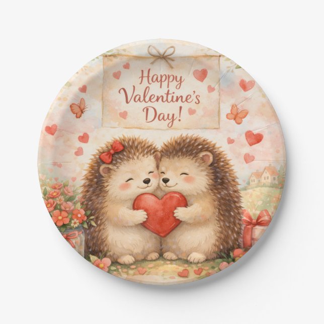 Plato De Papel Happy Valentine’s Day Hedgehog Love Illustration (Anverso)