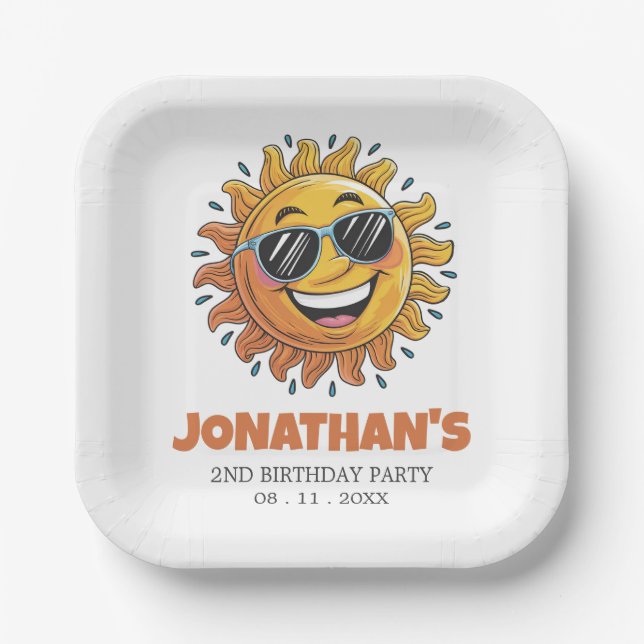 Plato De Papel Happy Yellow Sun with Sunglasses Birthday Party    (Anverso)