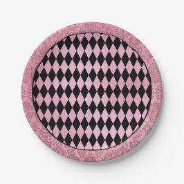 Plato De Papel Harlequin rosa y negro y Damask