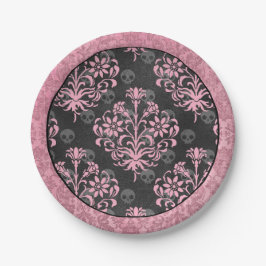 Plato De Papel Harlequin rosa y negro y Damask