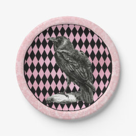 Plato De Papel Harlequin rosa y negro y Raven