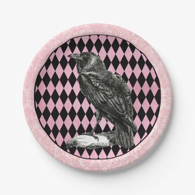 Plato De Papel Harlequin rosa y negro y Raven (Anverso)