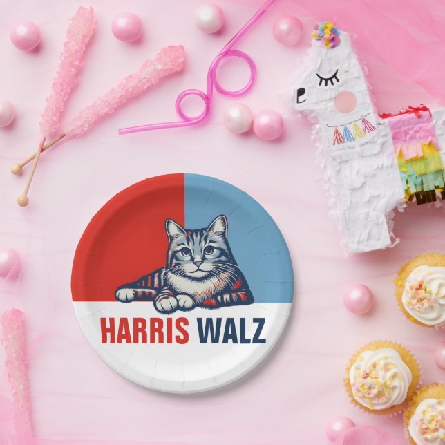 Plato De Papel Harris Walz 2024 Obviamente gato azul rojo (Fiesta)