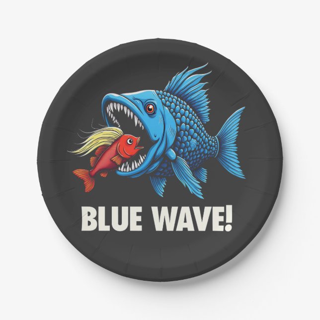 Plato De Papel Harris Walz Elección Olas azules Pescado demócrata (Anverso)