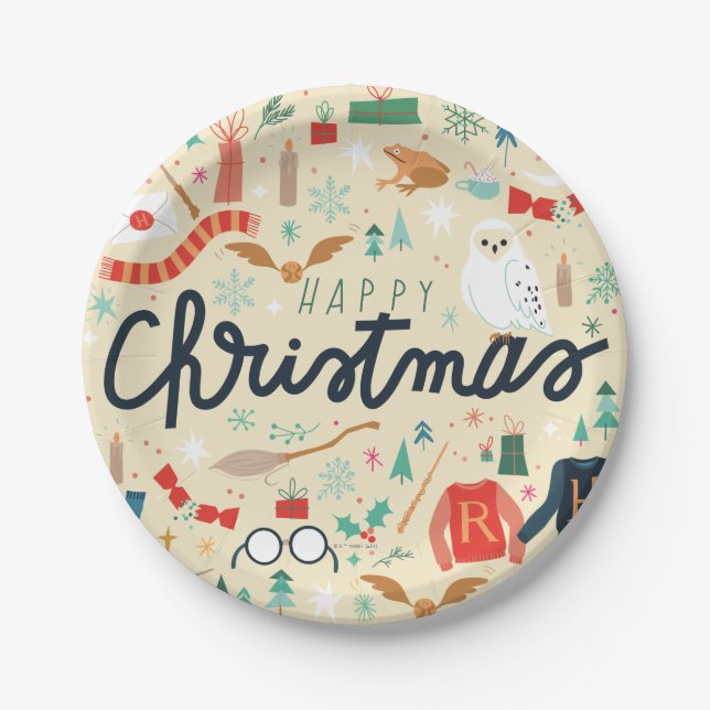 Plato De Papel Harry Potter | Feliz Navidad con Iconos Festivos (Anverso)