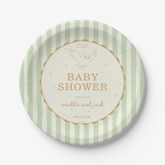 Plato De Papel Harry Potter Hedwig Green Stripe Baby Shower (Anverso)