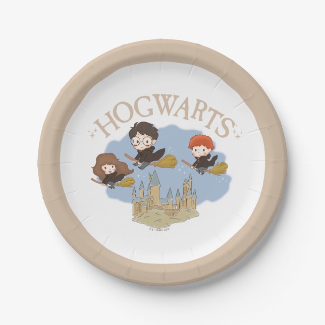 Plato De Papel HARRY POTTER™, Hermione y Ron vuelan sobre HOGWART (Anverso)