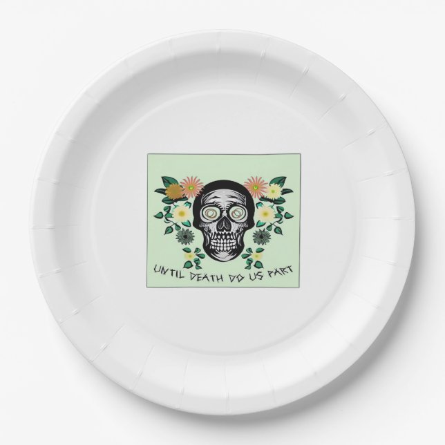 Plato De Papel Hasta que la muerte nos separe, cráneo con flores  (Anverso)