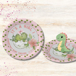 Plato De Papel Hatching Dino with Pink Bow Baby Shower Plates