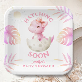 Plato De Papel Hatching Soon Dinosaur Baby Shower Girl Pink