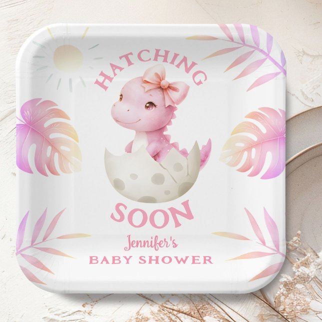 Plato De Papel Hatching Soon Dinosaur Baby Shower Girl Pink (Subido por el creador)
