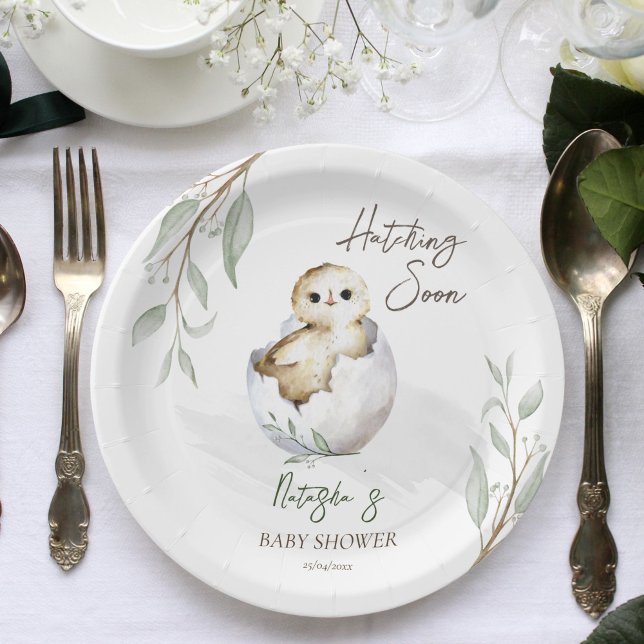 Plato De Papel Hatear pronto la pequeña nalga de primavera de la  (Hatching soon little bird spring baby shower template paper plates personalized tableware baby owl)