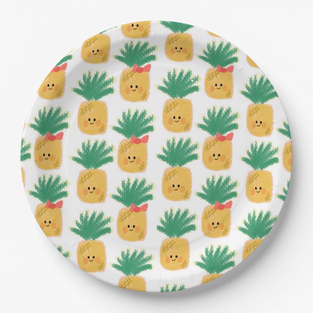 Plato De Papel Hawaii Cute Pineapples Cumpleaños tropical (Anverso)