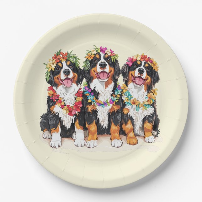 Plato De Papel Hawaiian Bernese Mountain Dogs Flower Lei (Anverso)