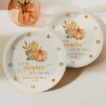 Plato De Papel ¡Hay Una Calabaza En Camino! Baby Shower<br><div class="desc">¡Este es un plato de papel para bebé con tema de calabaza de otoño! ¡Una calabaza está en camino! Verdes,  marrones,  hojas de calabaza,  Chica de niños unisex género neutro,  naranja Borgoña</div>