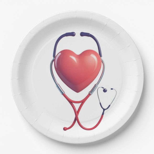 Plato De Papel Heart & Stethoscope Paper Plate | Medical Party Su (Anverso)