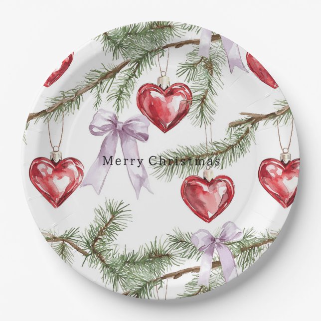 Plato De Papel Hearts Trees Red Purple Bows Christmas (Anverso)