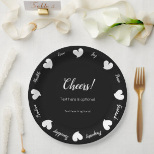 Plato De Papel Hearty Hearts Blanco y Negro-Texto personalizado e