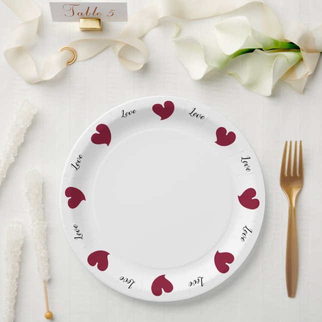 Plato De Papel Hearty Hearts Burgundy - Custom Text (Boda)