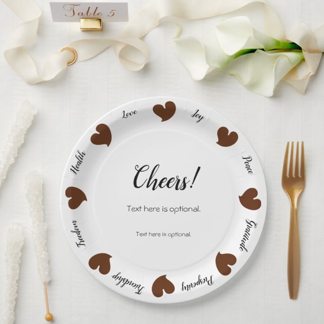 Plato De Papel Hearty Hearts Dark Brown - Custom Text Center (Boda)