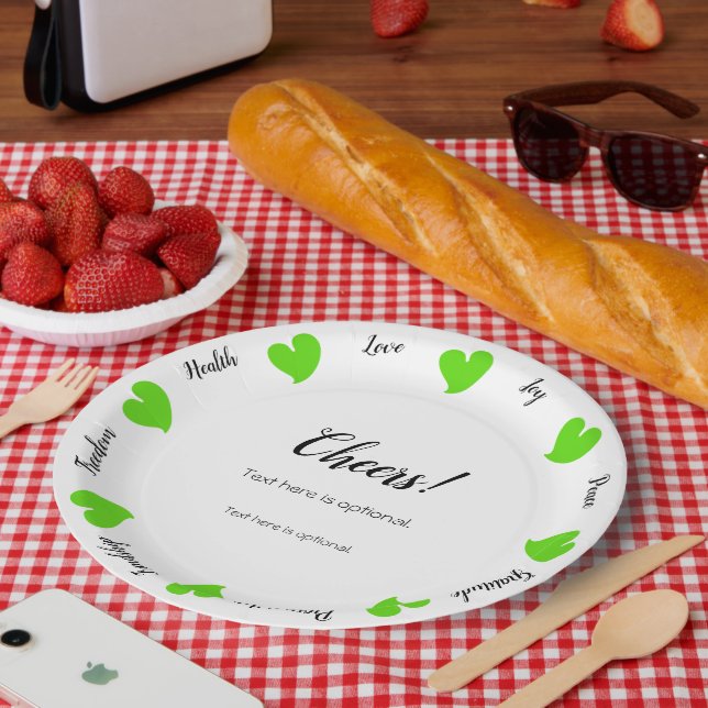 Plato De Papel Hearty Hearts Green - Custom Text Center (Picnic)