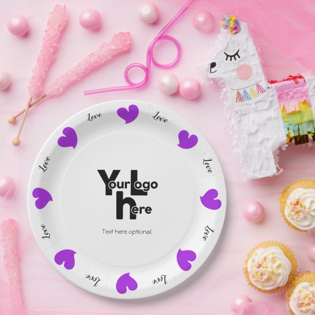 Plato De Papel Hearty Hearts Purple - Custom Text and Logo (Fiesta)