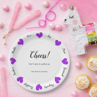 Plato De Papel Hearty Hearts Purple - Custom Text Center