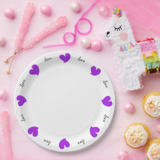 Plato De Papel Hearty Hearts Purple - Custom Text Paper Plates