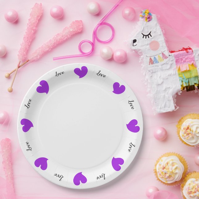 Plato De Papel Hearty Hearts Purple - Custom Text Paper Plates (Fiesta)