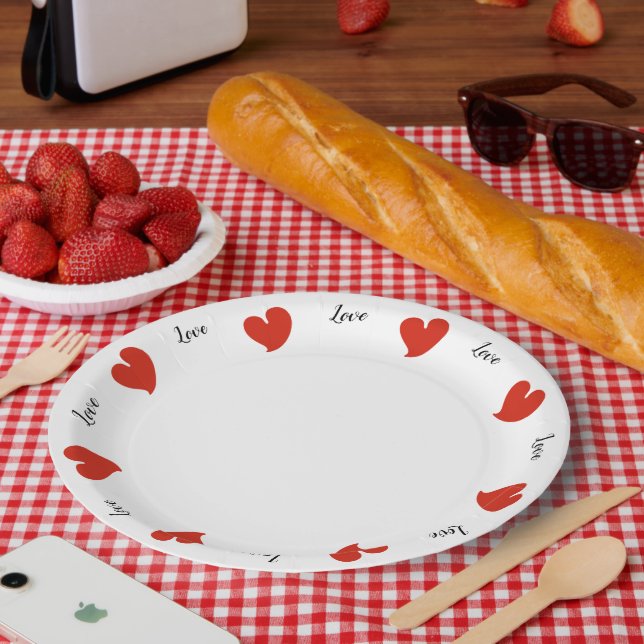 Plato De Papel Hearty Hearts Red - Custom Text (Picnic)