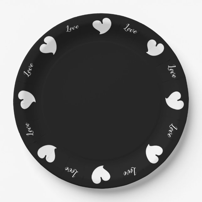 Plato De Papel Hearty Hearts White and Black - Custom Text (Anverso)