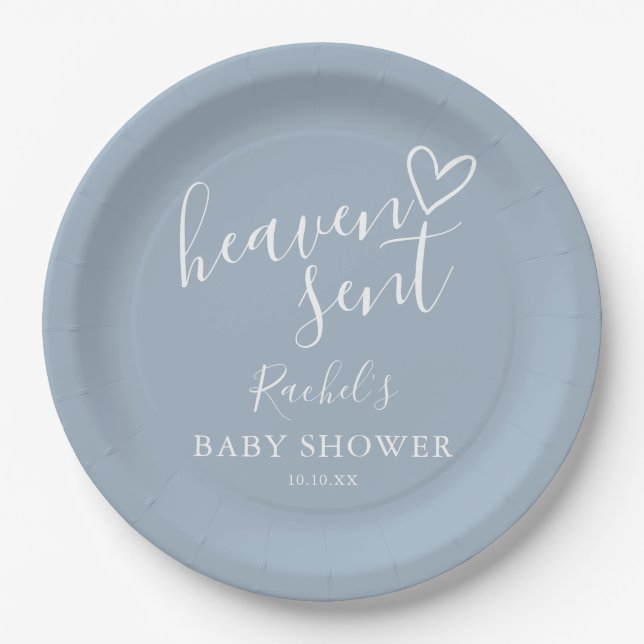 Plato De Papel Heaven Sent Dusty Blue Boy Baby Shower (Anverso)