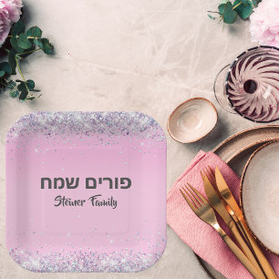 Plato De Papel Hebreo feliz Purim Cute Purpurina Rosa