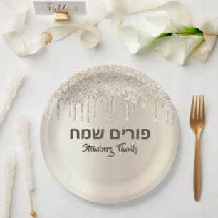 Plato De Papel Hebreo feliz Purim Purpurina de champagne goteando