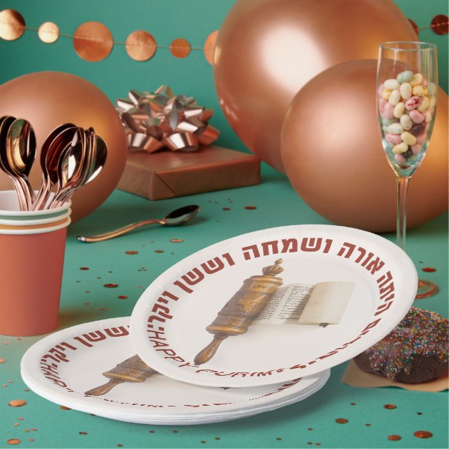 Plato De Papel Hebreo Megillat Esther cita Feliz Purim (Multi)