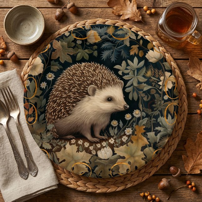 Plato De Papel Hedgehog al estilo del bosque William Morris (Image approximates the 9 inch size.)
