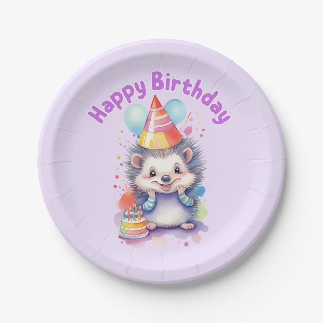 Plato De Papel Hedgehog Birthday Whimsical Watercolor (Anverso)