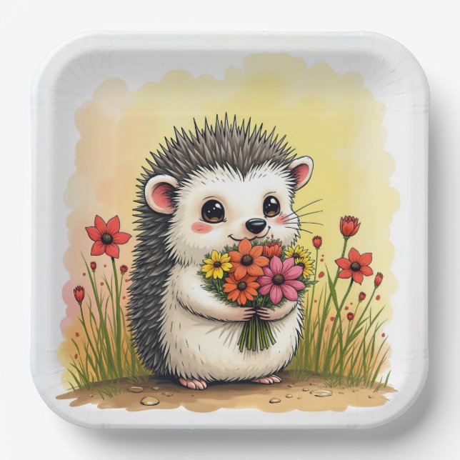 Plato De Papel Hedgehog Con Bouquet De Flores (Anverso)