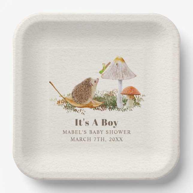 Plato De Papel Hedgehog Grasshopper Mushroom Woodland Baby Shower (Anverso)