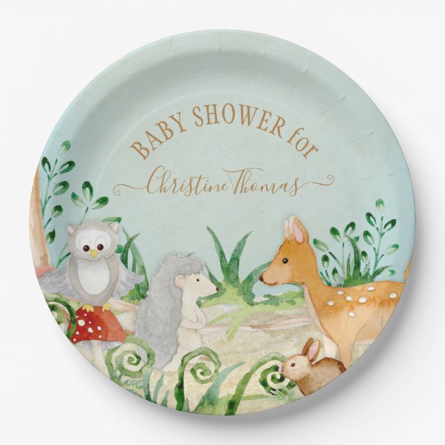 Plato De Papel Hedgehog Woodland Creations Fox Deer Baby Shower (Anverso)